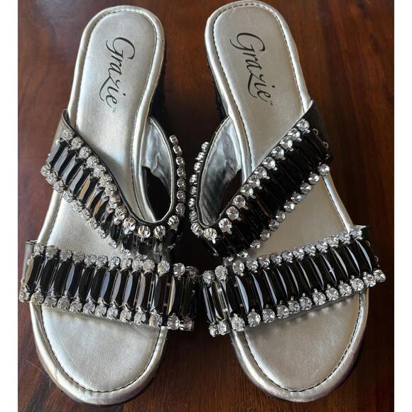 Grazie Black Sequin Rhinestone Wedges Sz 9 - Picture 2 of 6